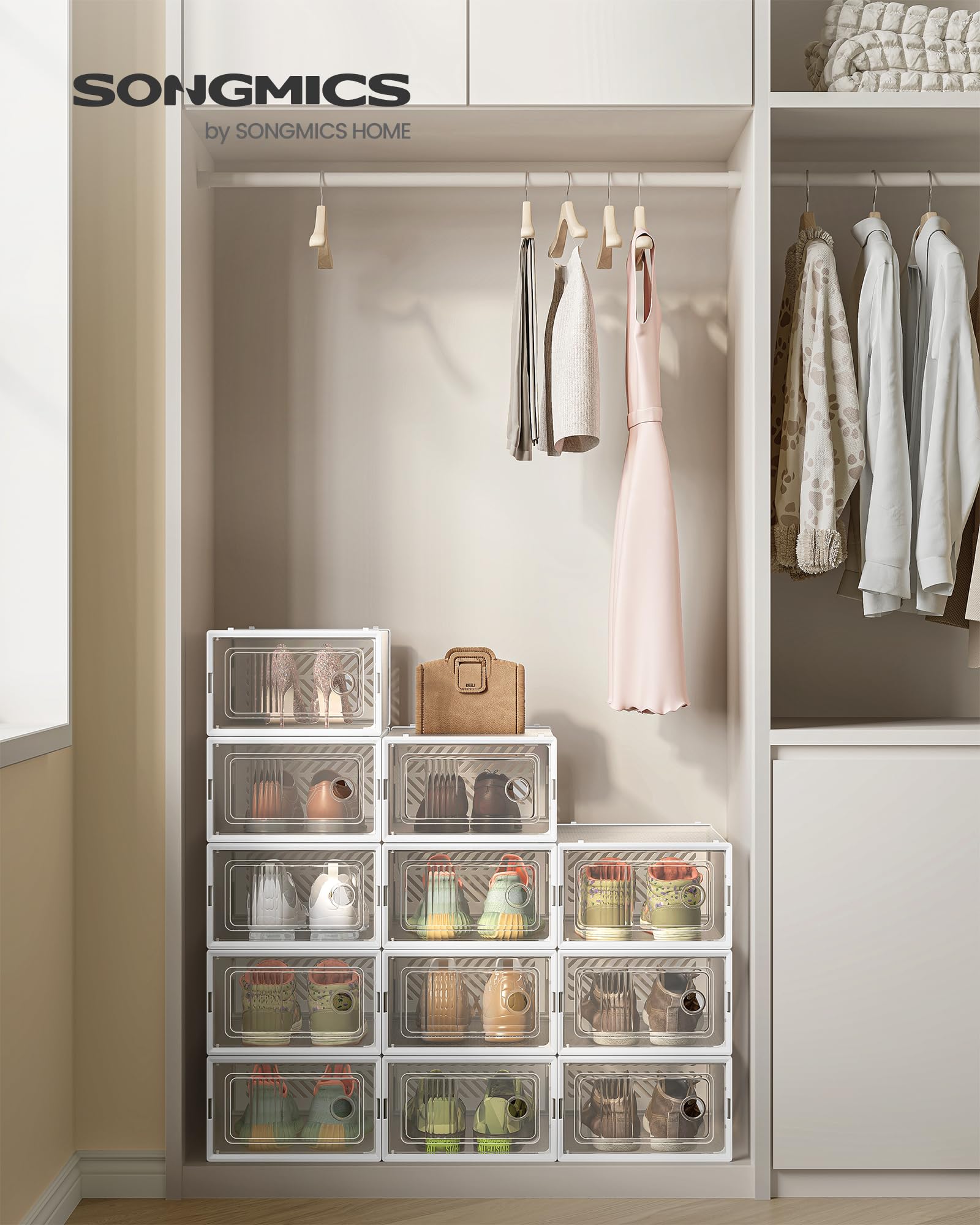 SONGMICS Stackable Shoe Boxes transparent doors showcase contents at a glance.