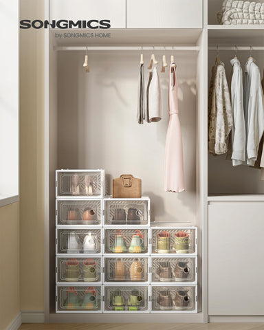 SONGMICS Stackable Shoe Boxes transparent doors showcase contents at a glance.