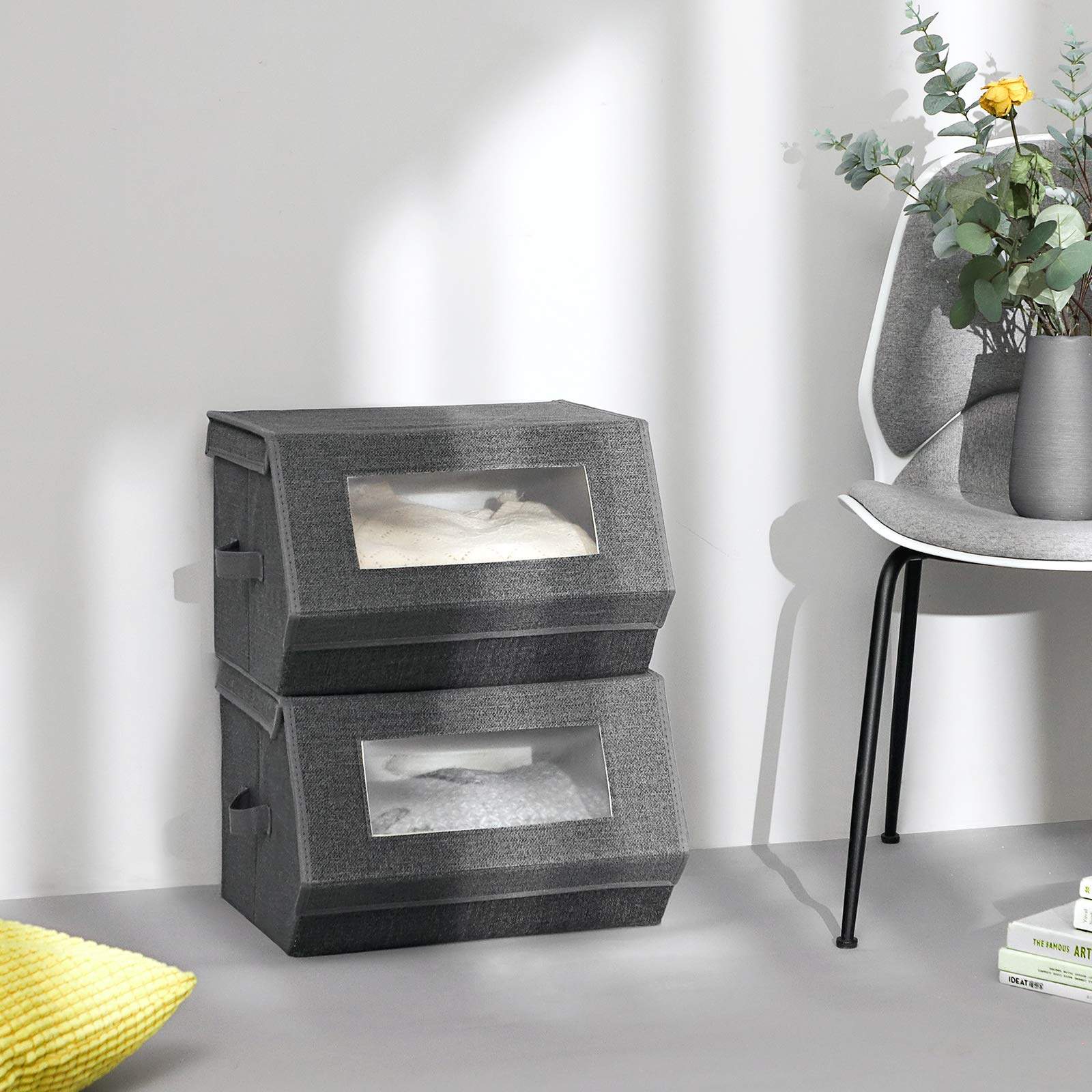 SONGMICS stackable storage bin side handles for easy pull from shelf