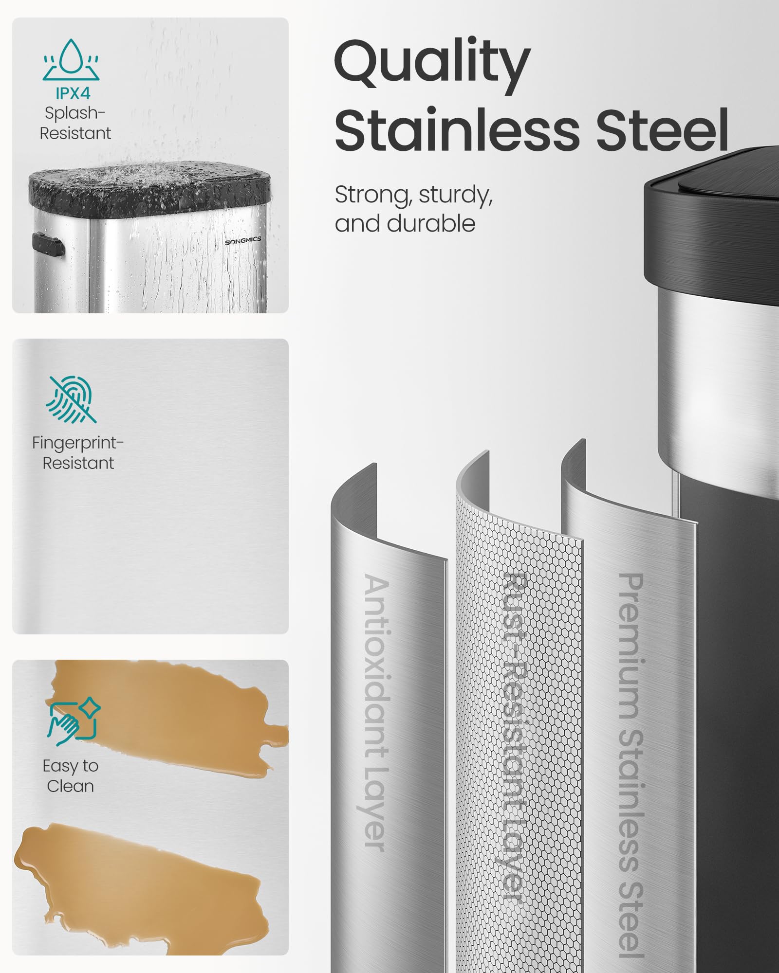 SONGMICS stainless steel body resists rust and cleans easily.