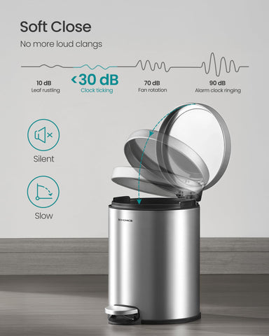 SONGMICS rust-resistant stainless steel bin withstands bathroom humidity.