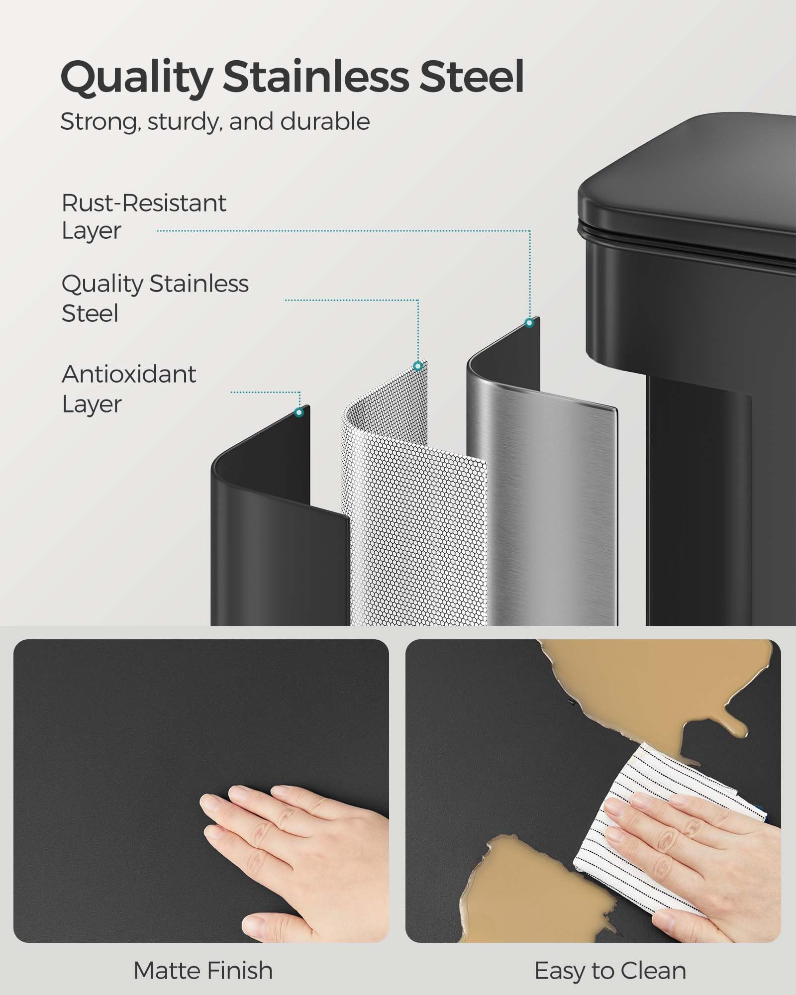 SONGMICS stainless steel trash can with rust-resistant finish.