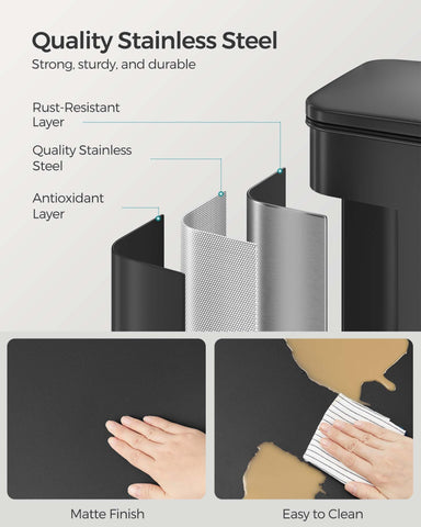 SONGMICS stainless steel trash can with rust-resistant finish.