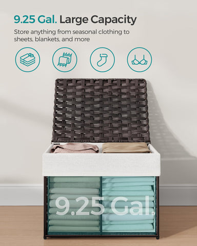 SONGMICS 9.2 gal capacity supports blankets and clothing storage.