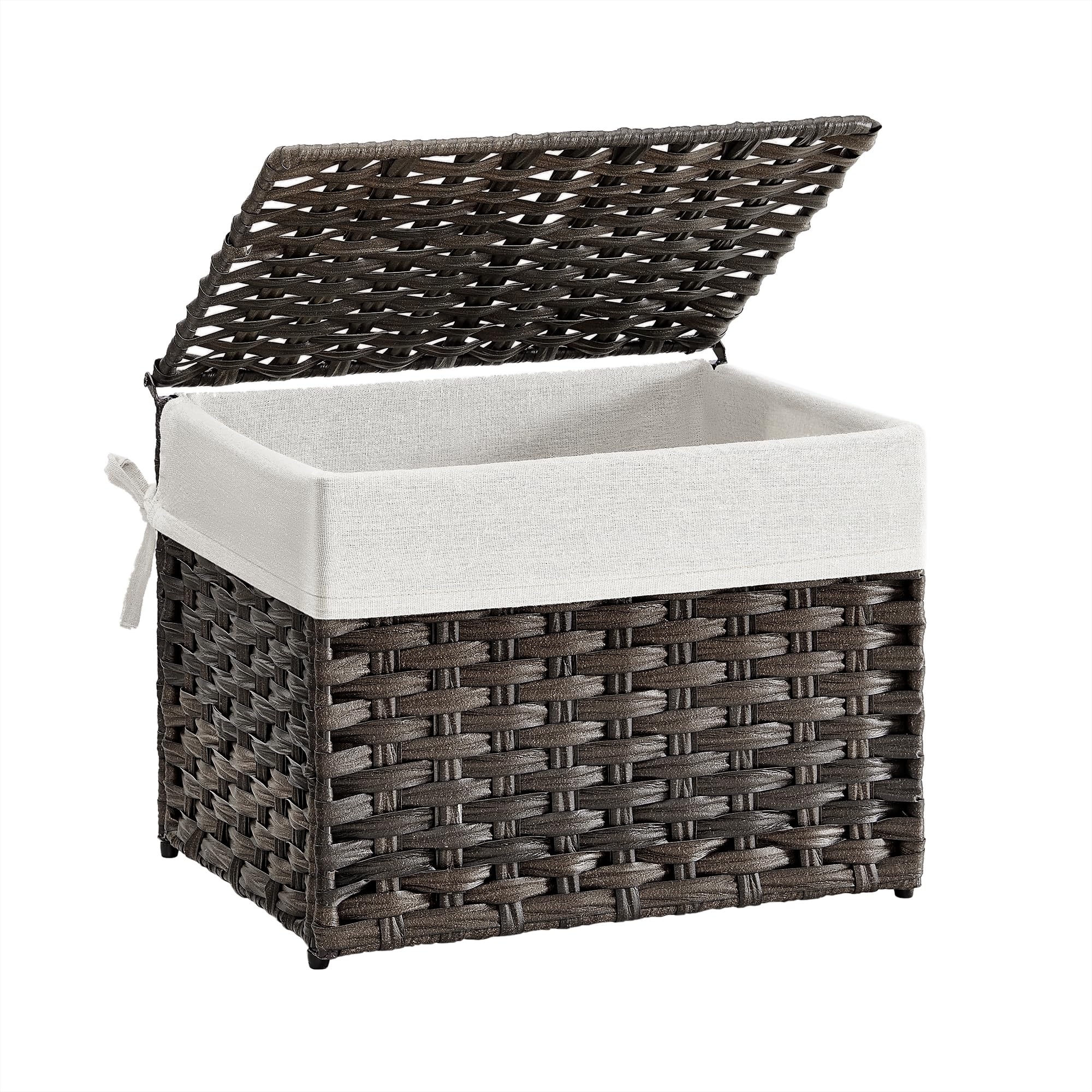 SONGMICS storage basket with lid in brown showing convenient one-handed access for laundry.