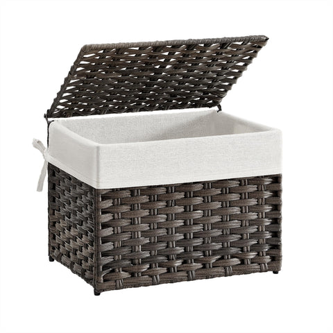 SONGMICS storage basket with lid in brown showing convenient one-handed access for laundry.