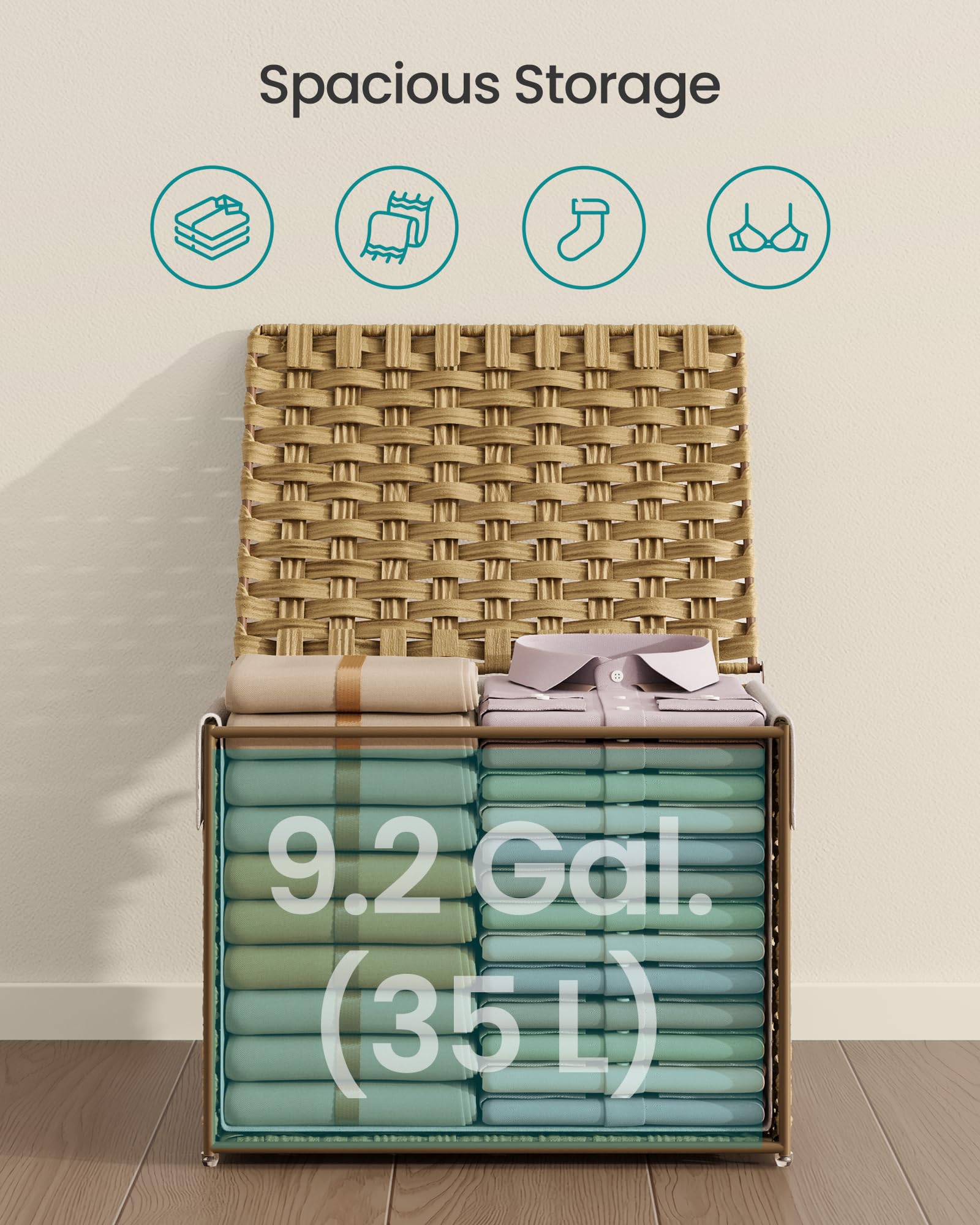 SONGMICS storage basket with lid folded flat for space-saving storage.