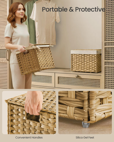 SONGMICS basket filled with blankets showcases its 35 L capacity.