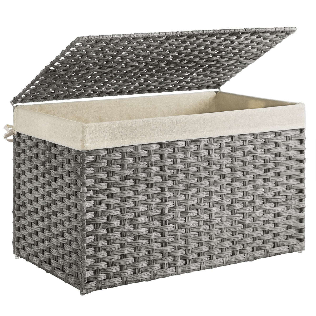 Songmics storage basket with lid in gray showing concealed storage and tidy appearance