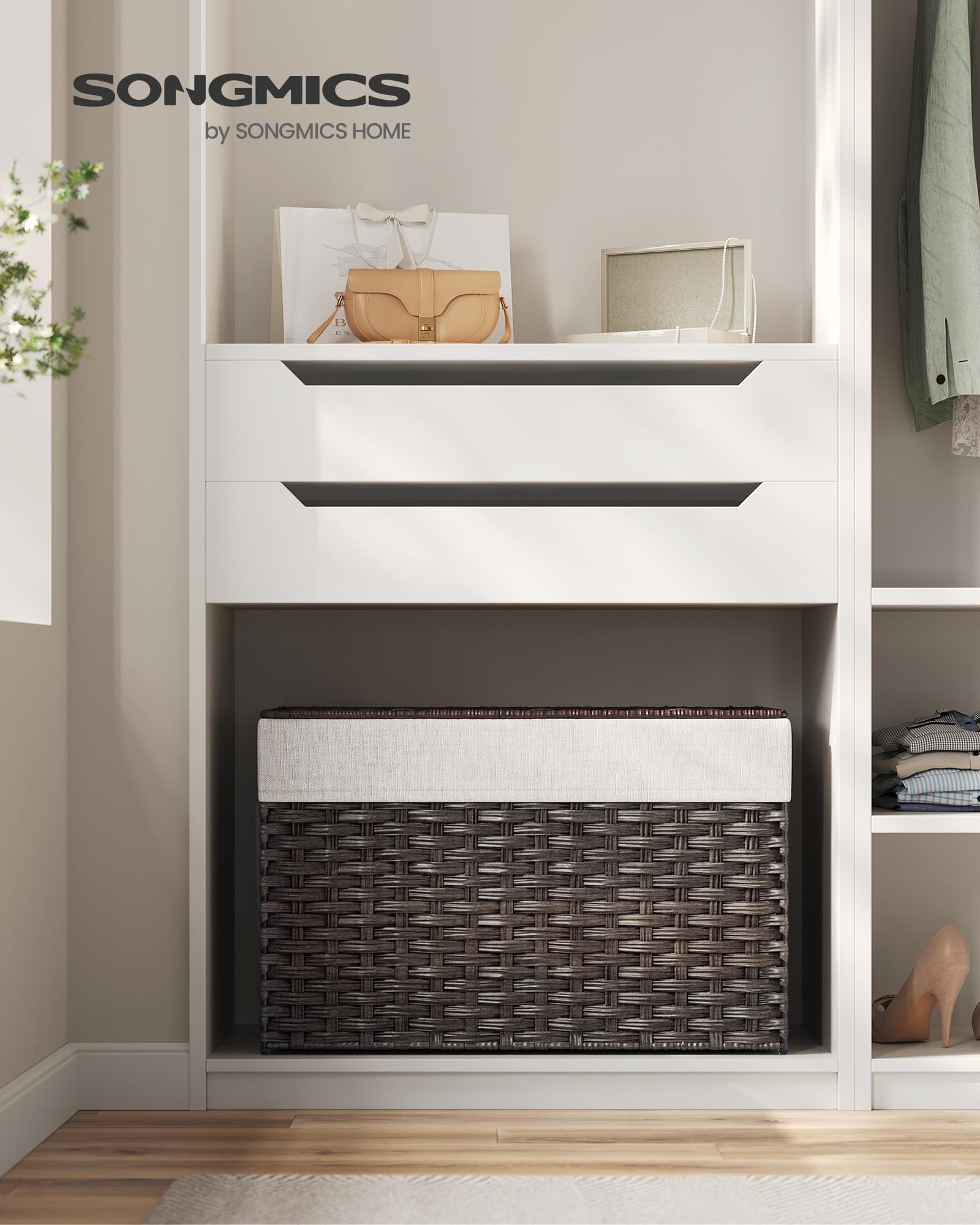 SONGMICS storage basket with lid open, easy one-handed access.