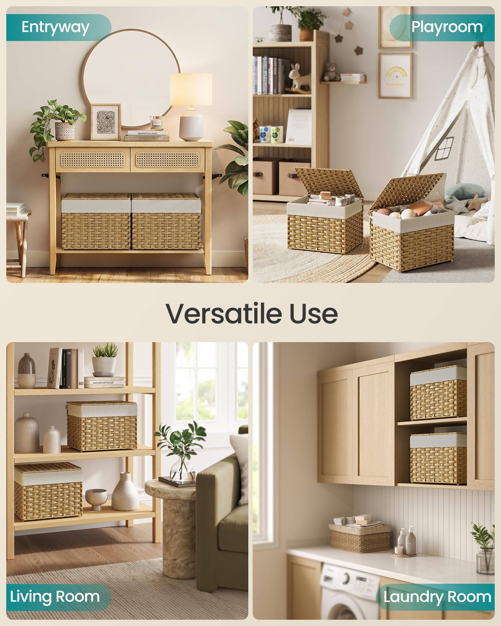 SONGMICS woven PP rattan basket with lid highlights breathable construction.