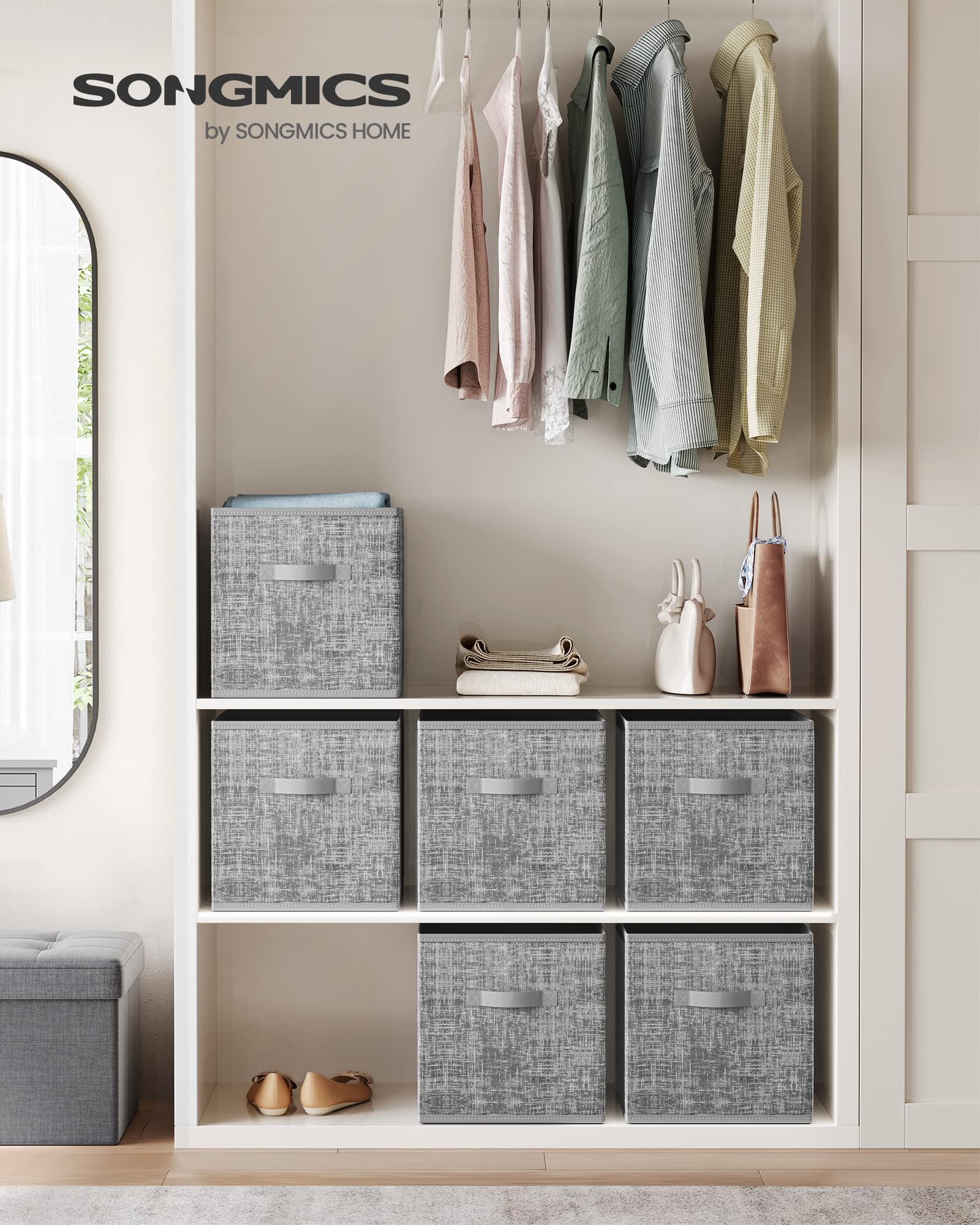SONGMICS cattail-gray fabric texture adds stylish storage in living spaces.
