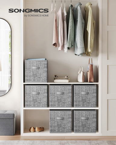 SONGMICS cattail-gray fabric texture adds stylish storage in living spaces.