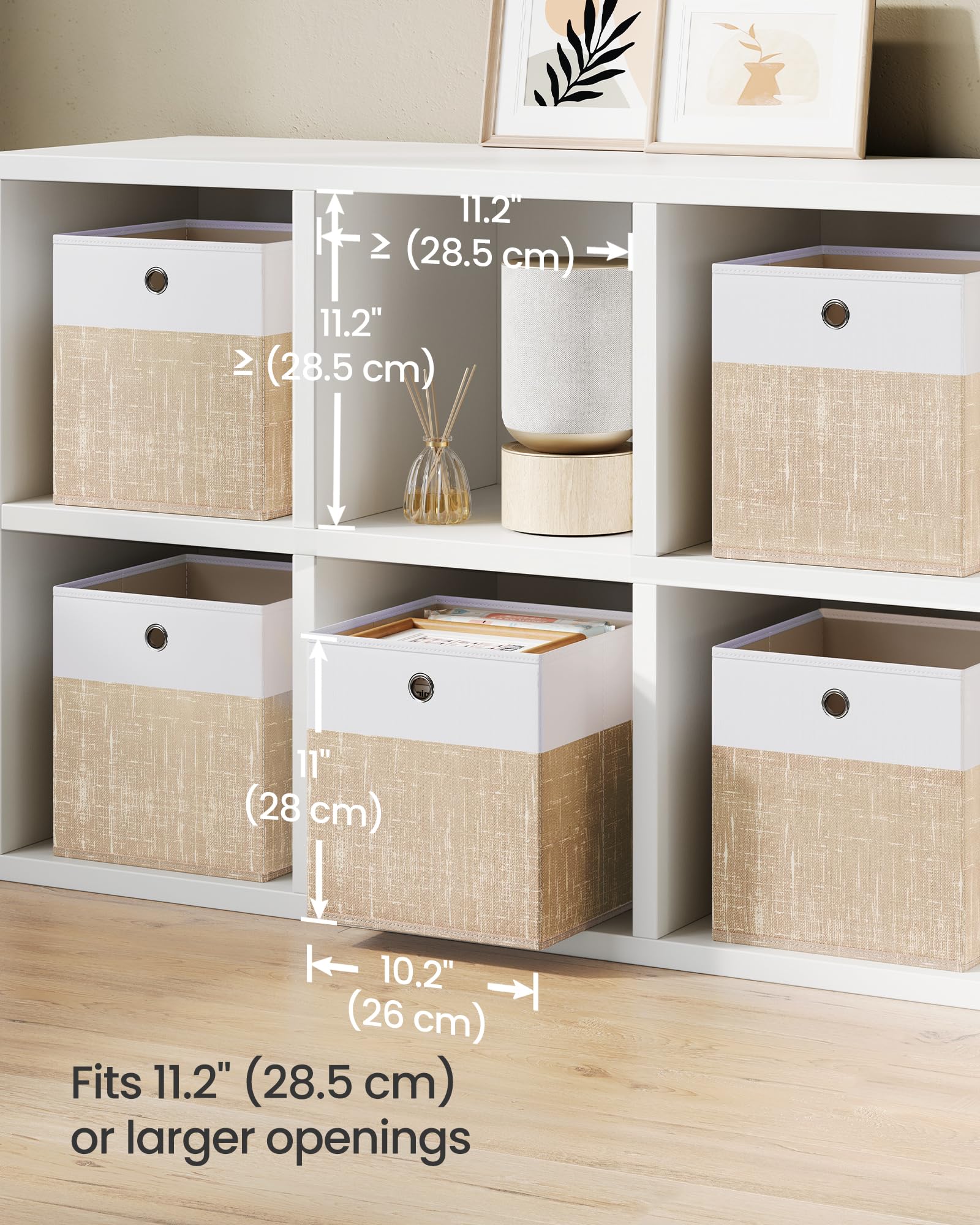 Dimensions 10.2 x 10.2 x 11 inches SONGMICS cubes on a shelf