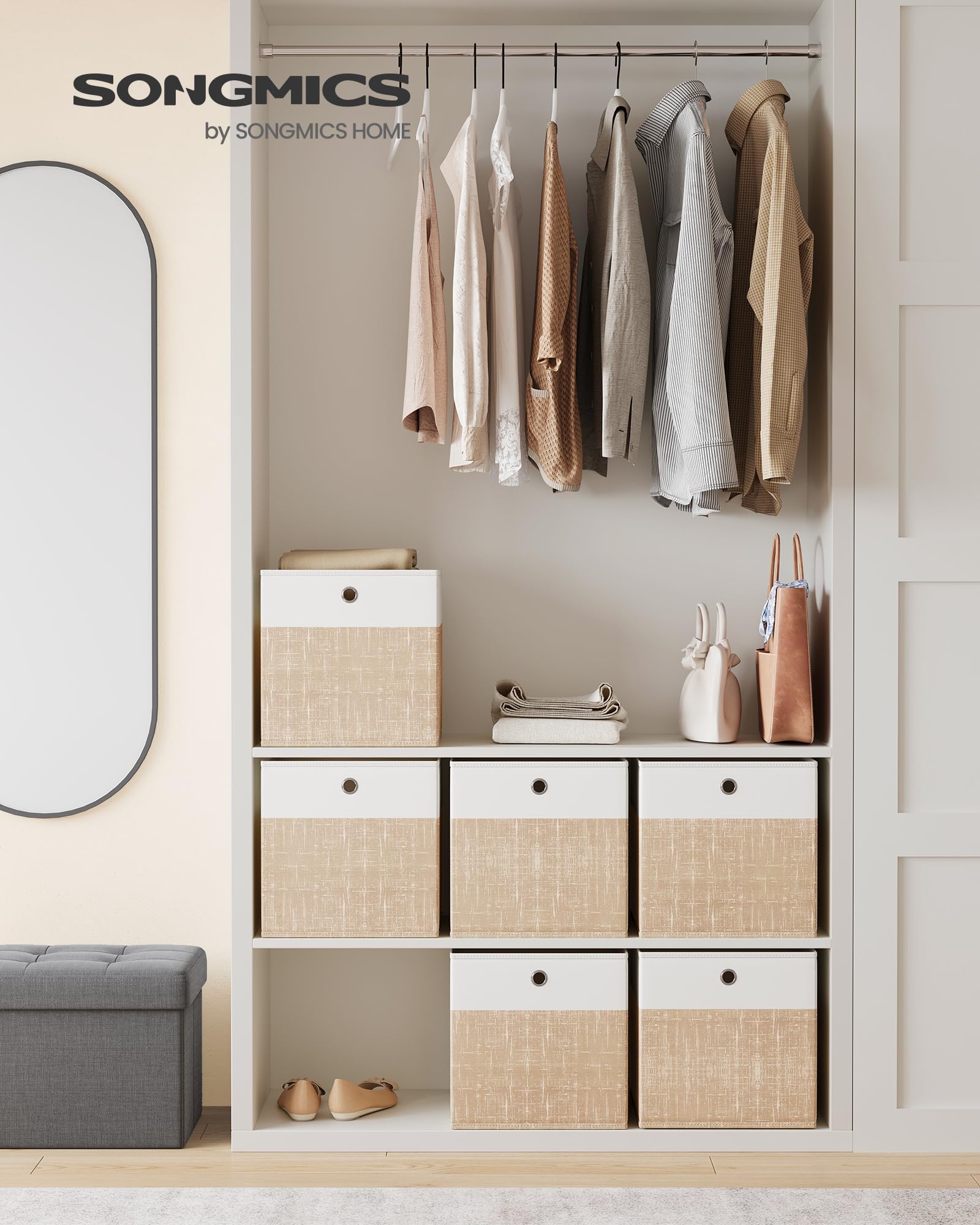 Close-up of handles on SONGMICS cubes for easy sliding on shelves.
