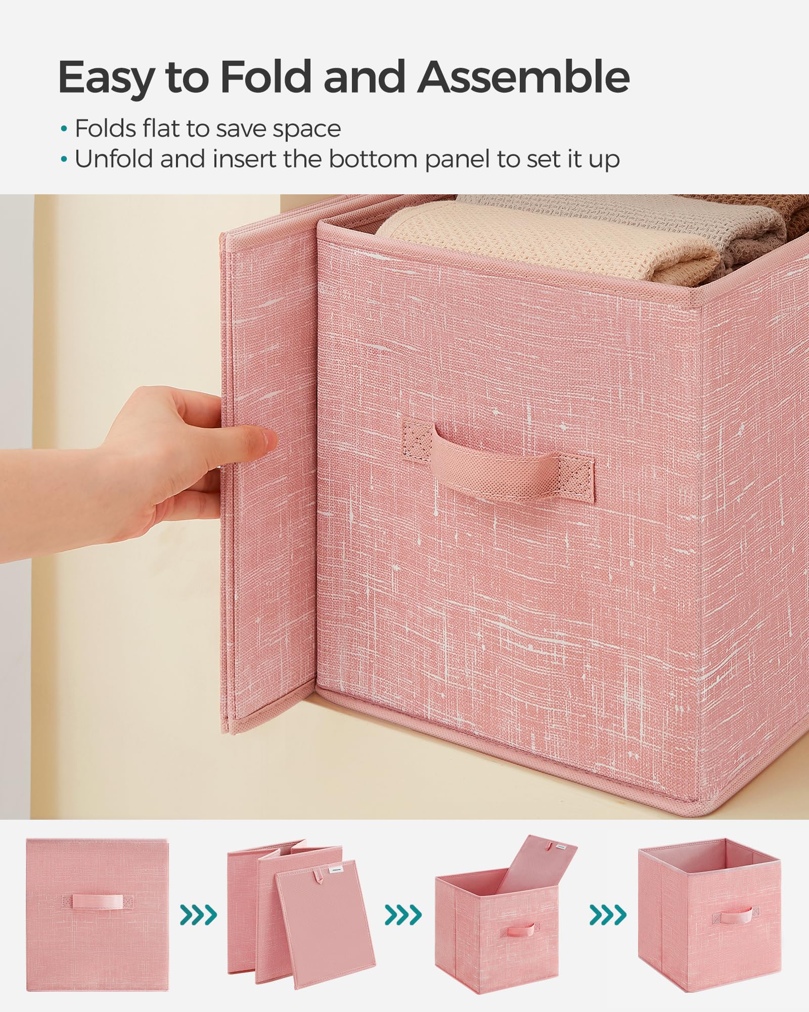 Texture-rich jelly pink fabric on SongMics storage cubes.