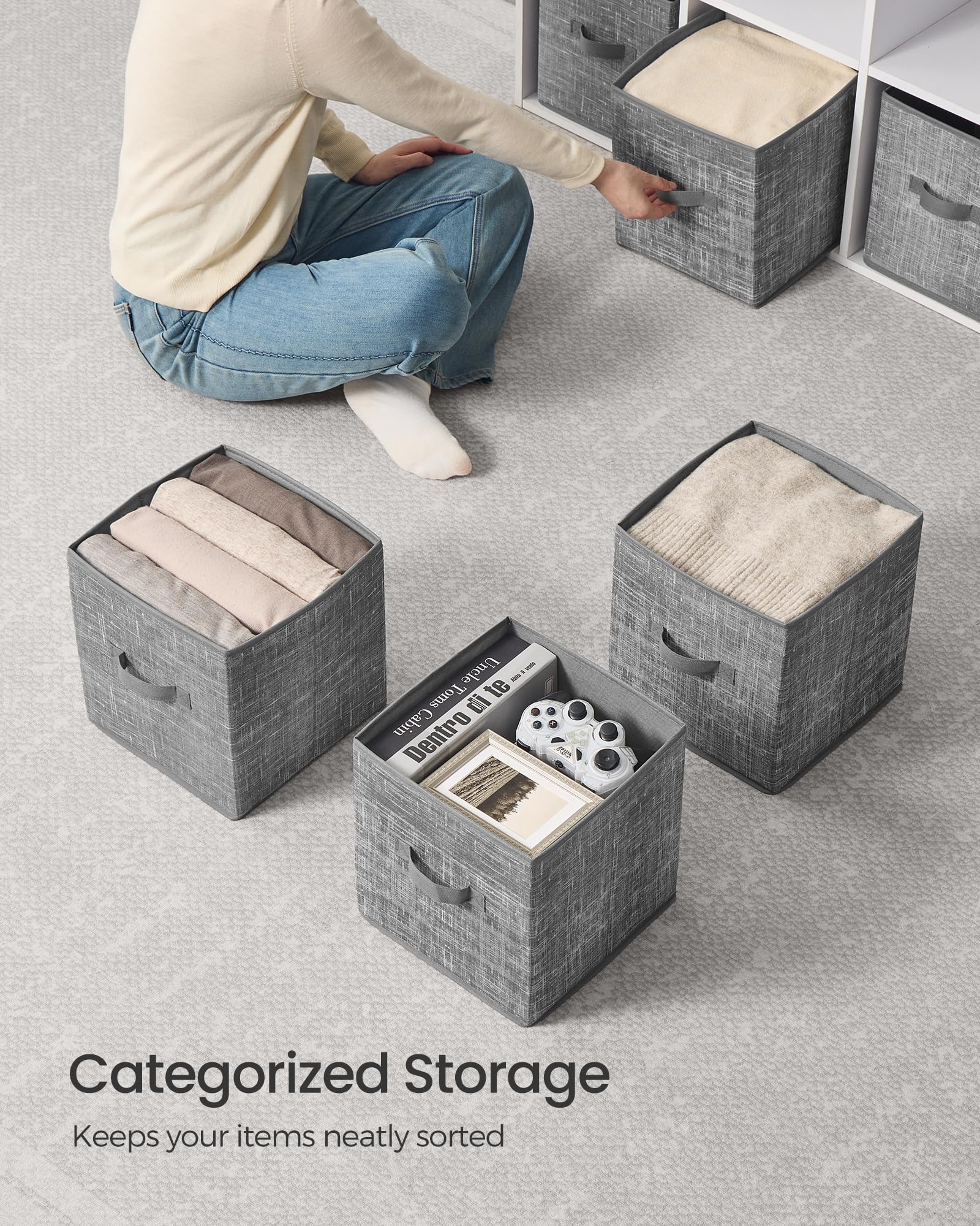 Songmics storage cubes sized to fit 11-inch openings in cube organizers.