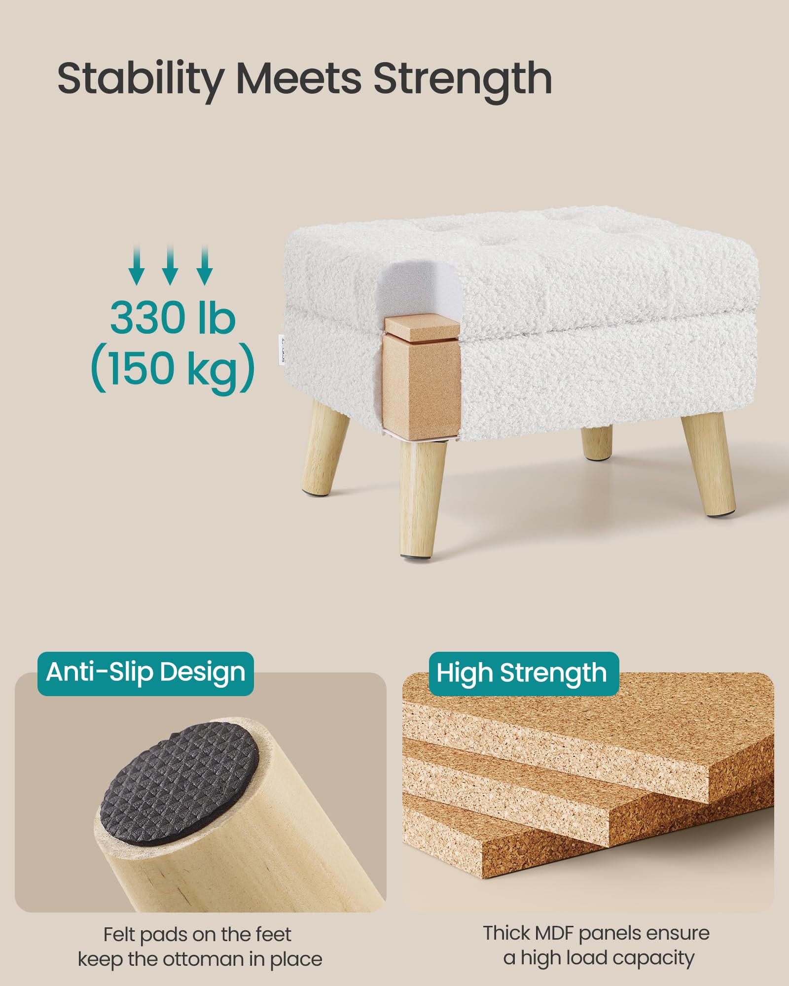 Songmics storage ottoman shows quick assembly with four legs.