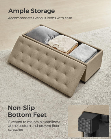 Detailed legs and frame of Songmics camel brown storage bench.