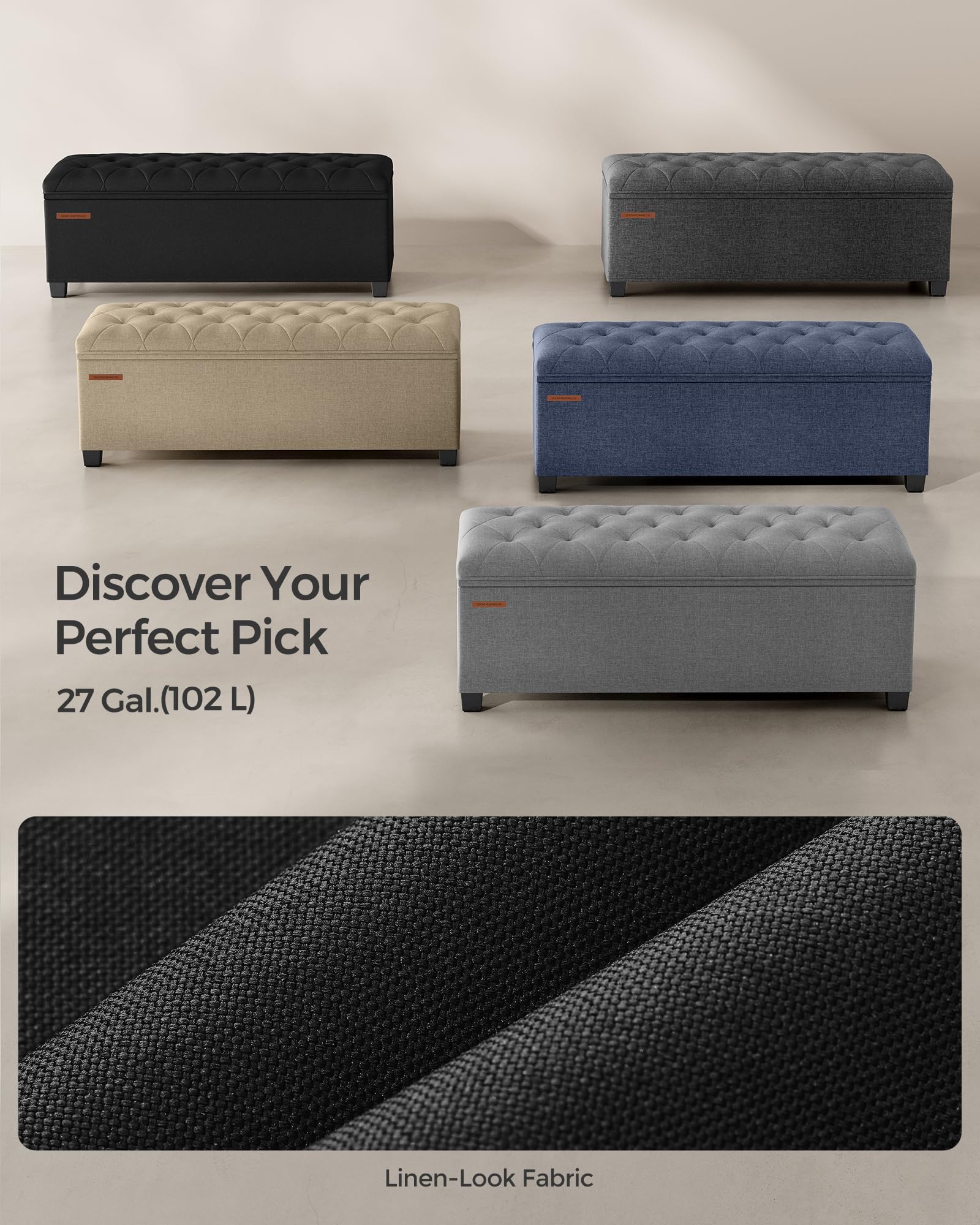 Songmics durable storage ottoman supports reliable seating and storage.
