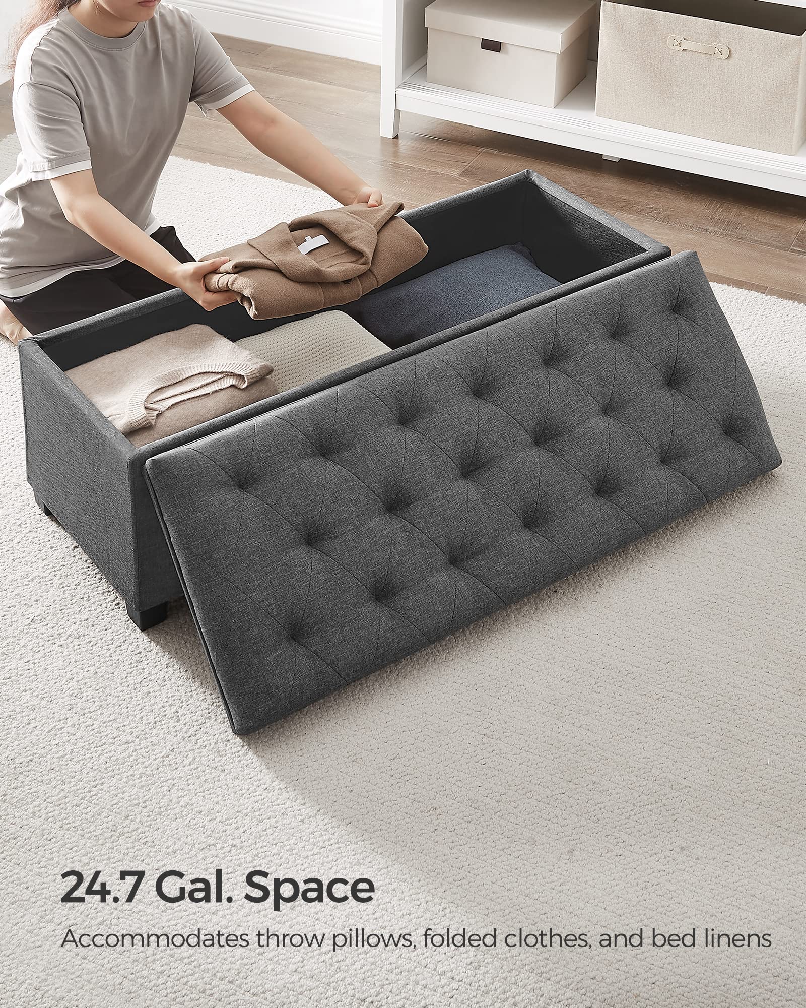 Songmics dark-gray storage ottoman bench complements contemporary homes.