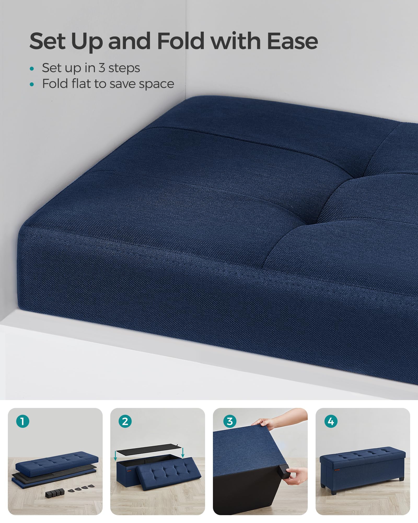 SONGMICS foldable storage ottoman suitable for dorm rooms and small spaces.
