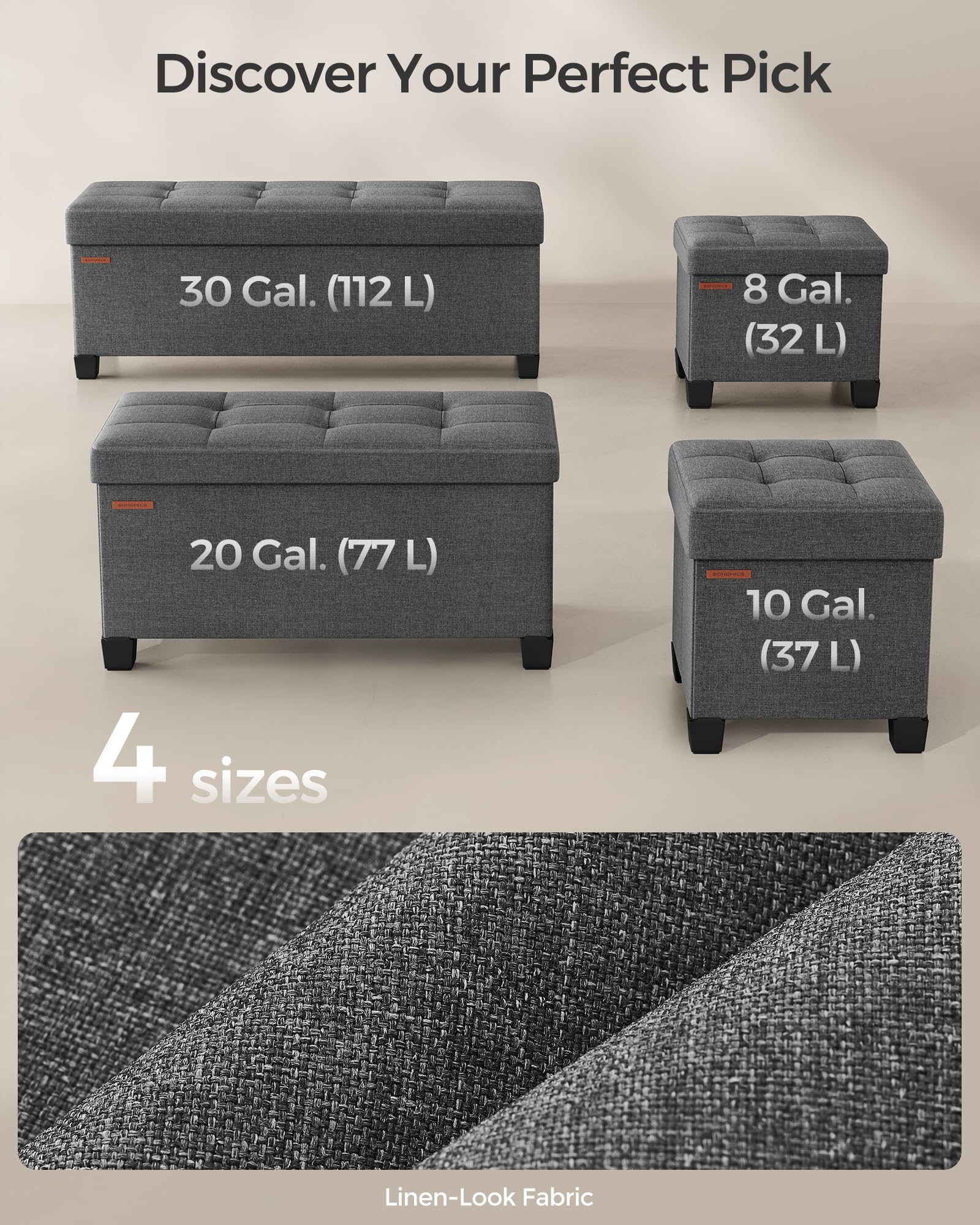 SONGMICS storage ottoman bench folded design saves space when stored.