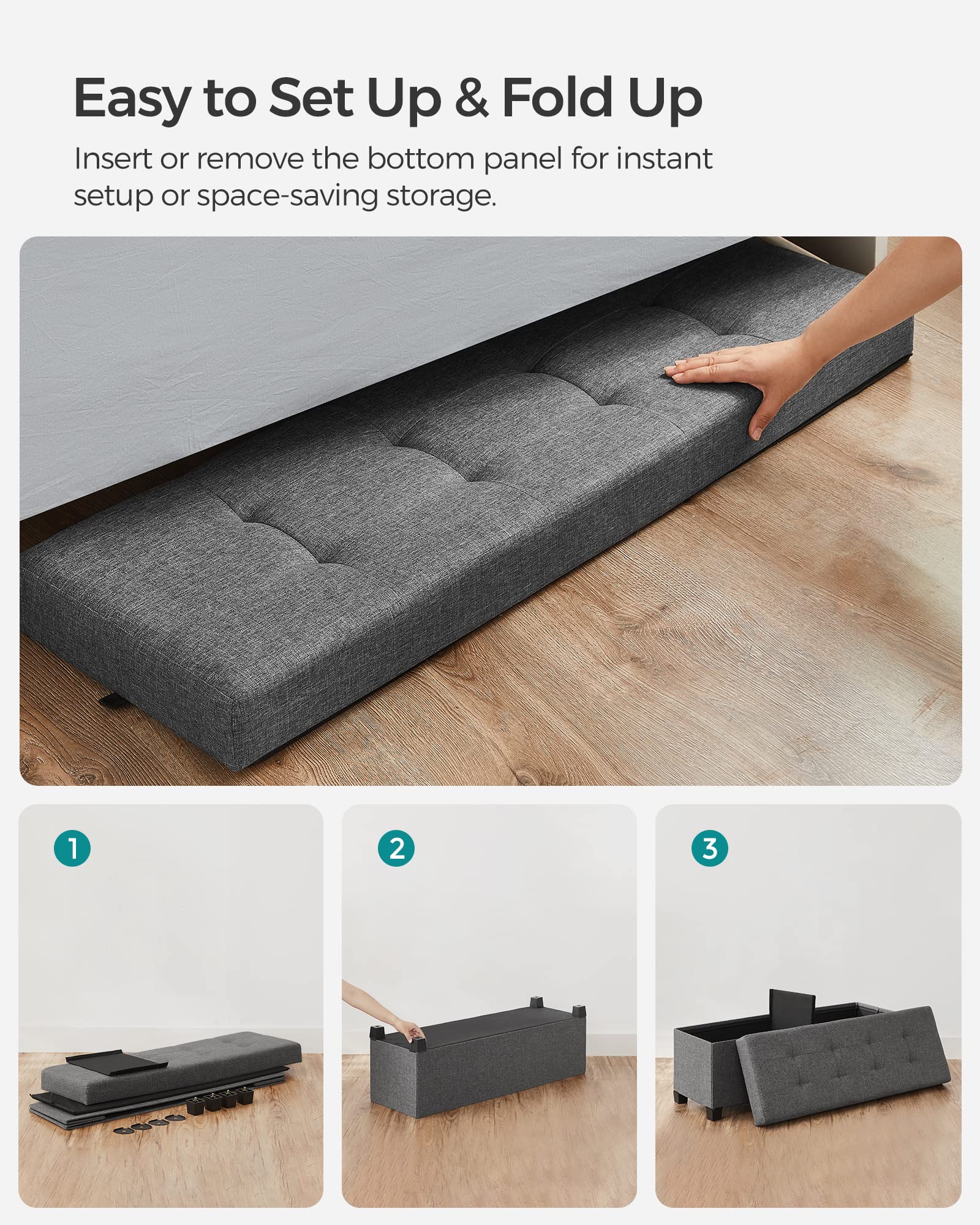 SONGMICS storage ottoman bench four legs with non slip feet protect floors.