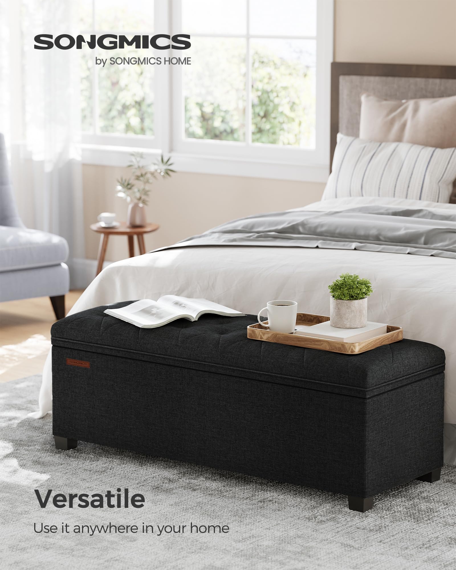 Songmics ottoman bench shows spacious 27-gallon storage for blankets and books.