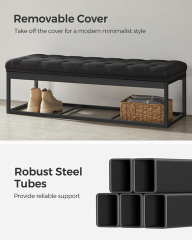 Songmics linen-look ottoman offers durable upholstery for daily use.