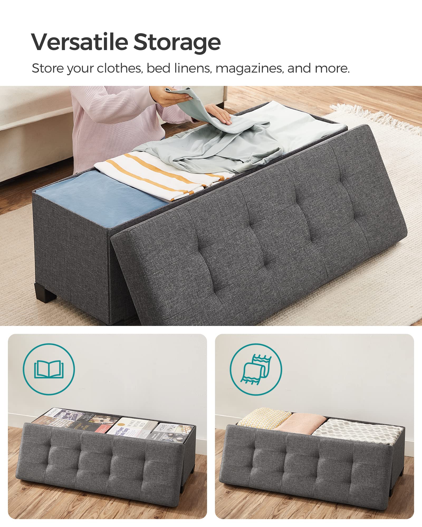 SONGMICS storage ottoman bench supports up to 660 lb for sturdy footrest.