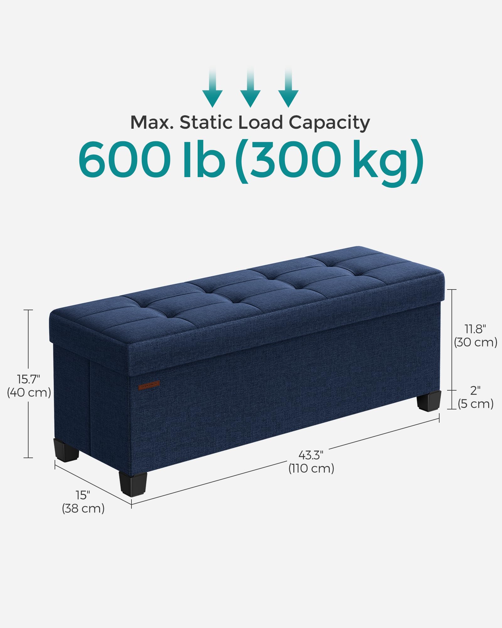 SONGMICS storage ottoman rests on four non-slip legs to protect floors.