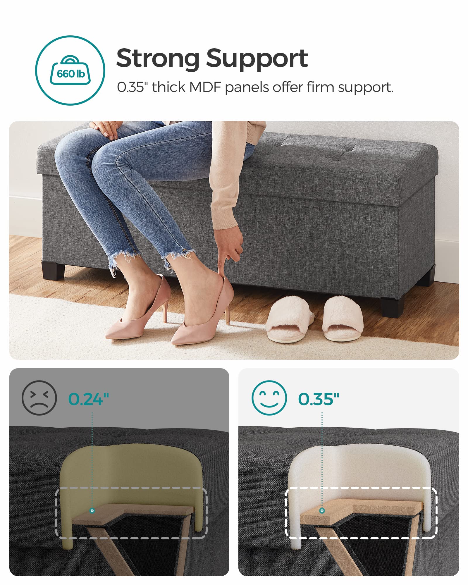 SONGMICS storage ottoman bench open storage reveals 112L capacity.