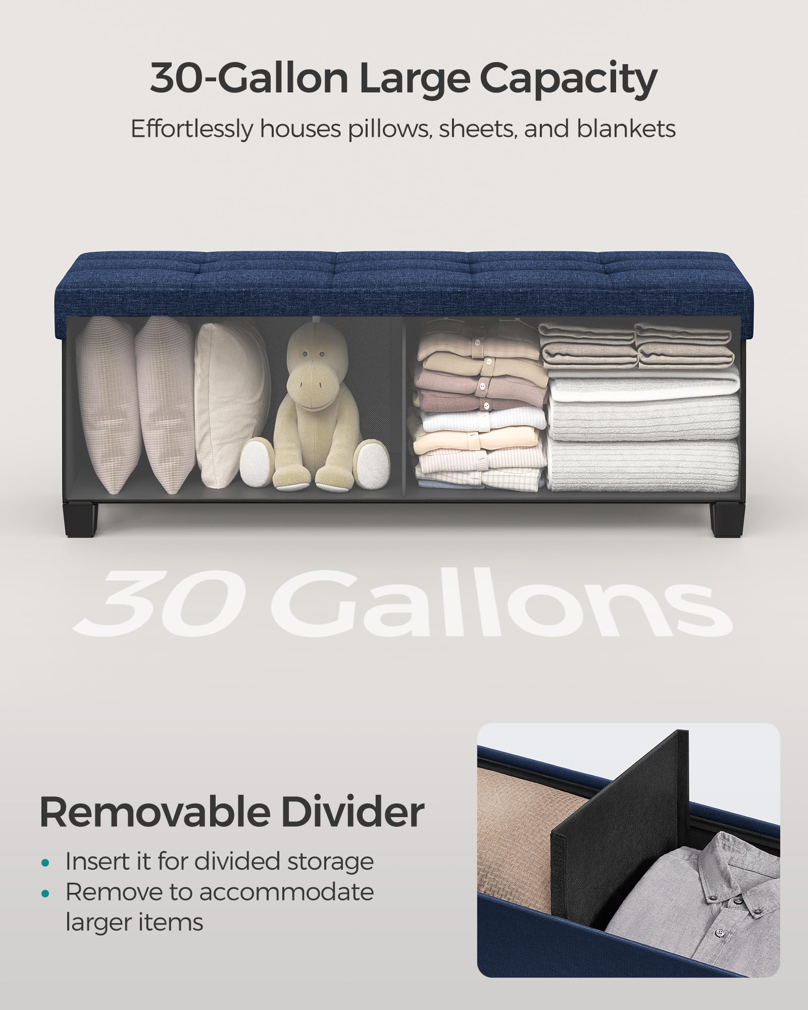 SONGMICS storage ottoman includes a removable divider for organization.