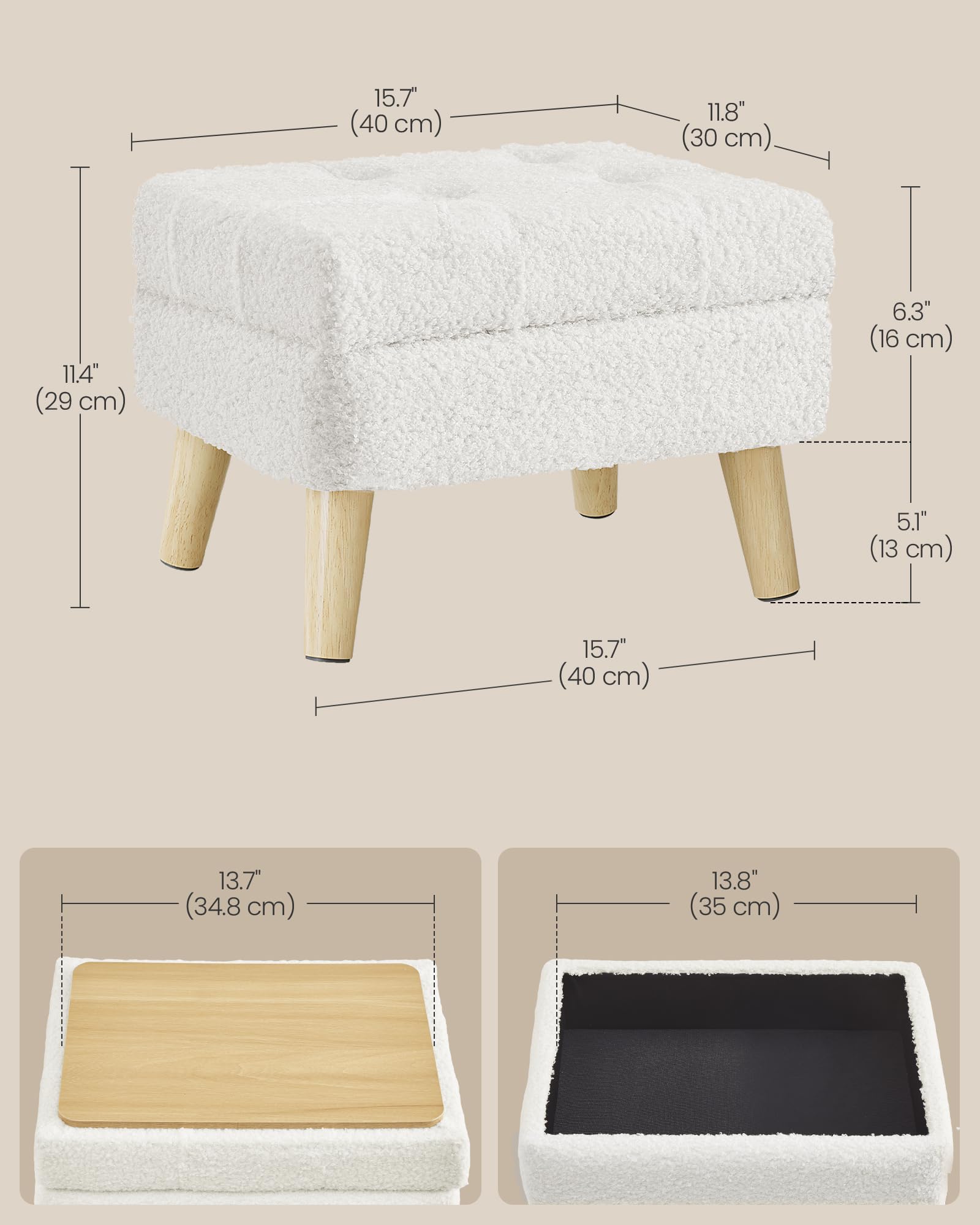 Songmics storage ottoman dimensions 11.8 by 15.7 by 11.4 inches.