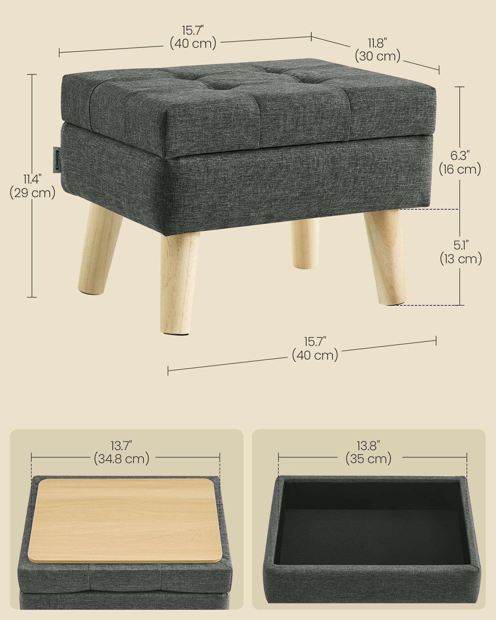 Songmics storage ottoman dimensions 11.8 by 15.7 by 11.4 inches for compact rooms