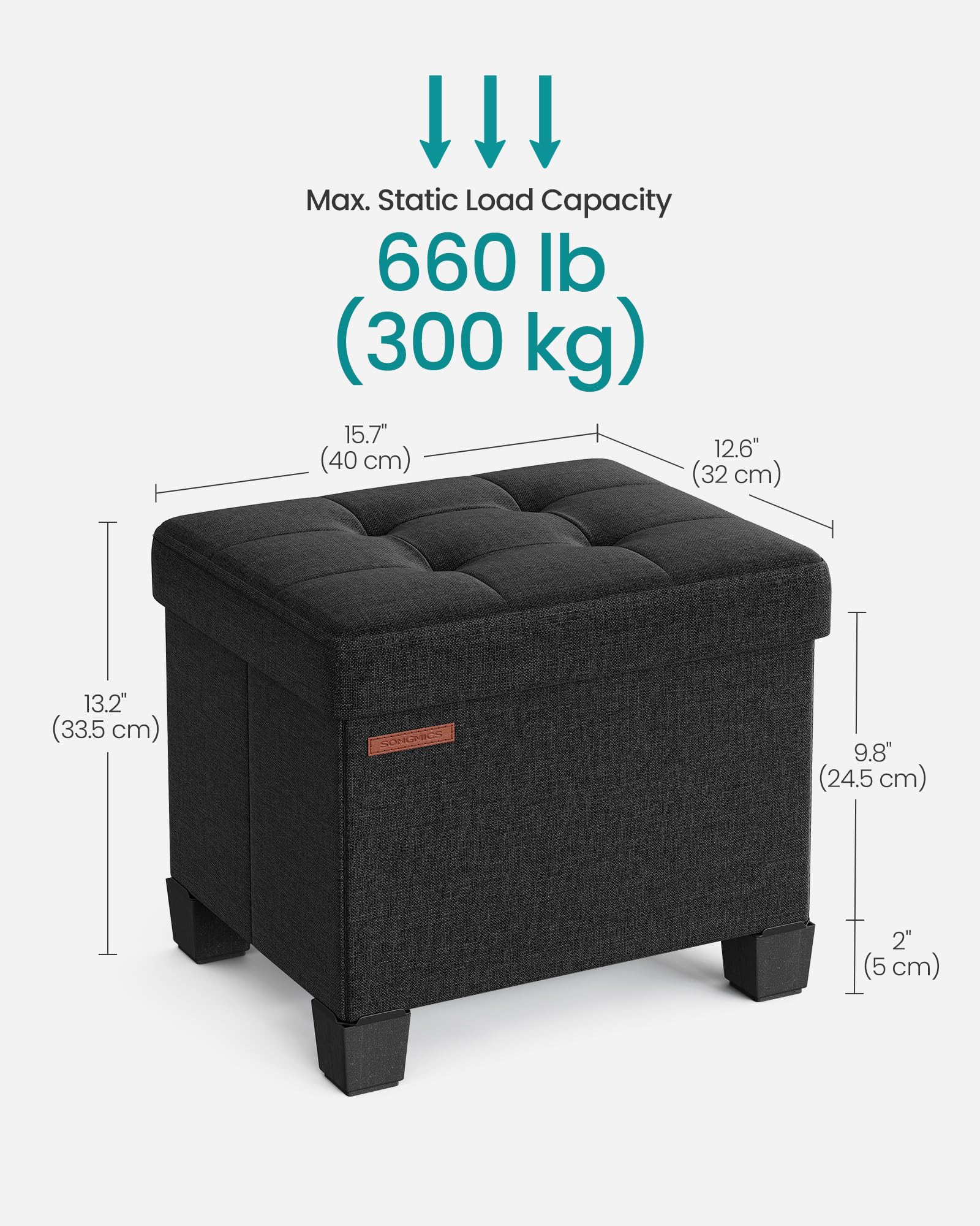 SongMICS storage ottoman in living room used as foot rest and casual table.