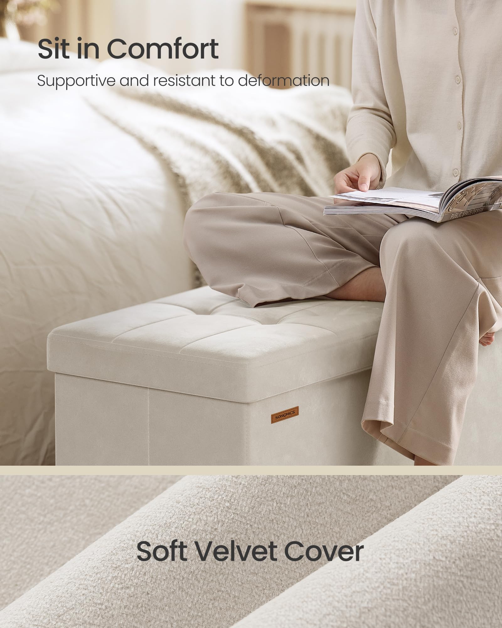 SONGMICS storage ottoman large capacity 30 gal keeps blankets neatly organized.