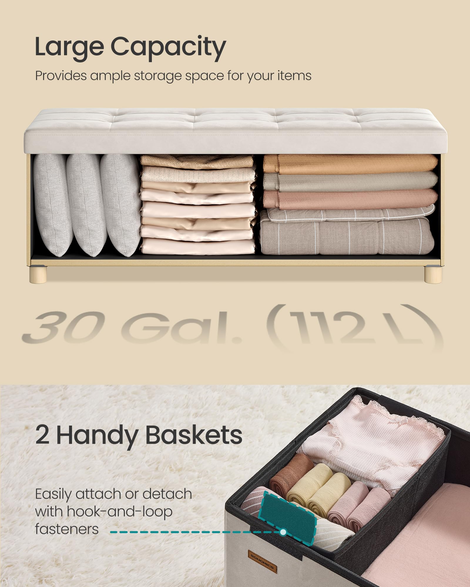 SONGMICS storage ottoman multi-use design serves as coffee table and storage.