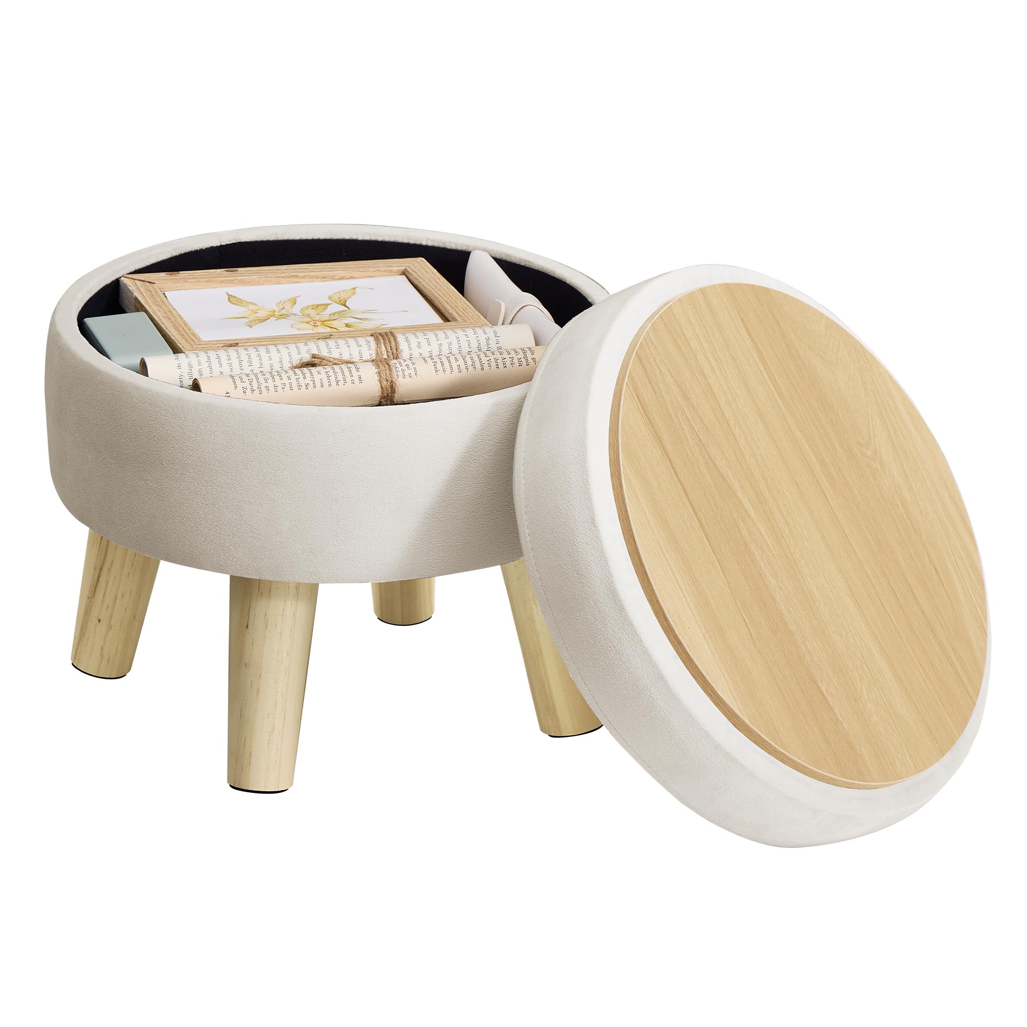 Songmics round cream velvet storage ottoman with hidden compartment for remote organization.