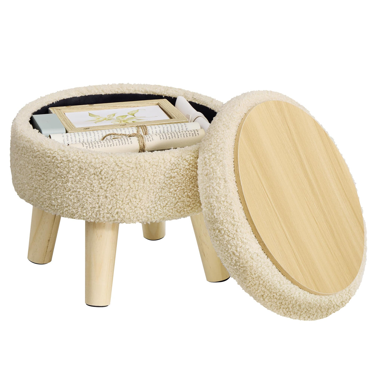 SONGMICS storage ottoman round seat for relaxing with plush teddy fleece