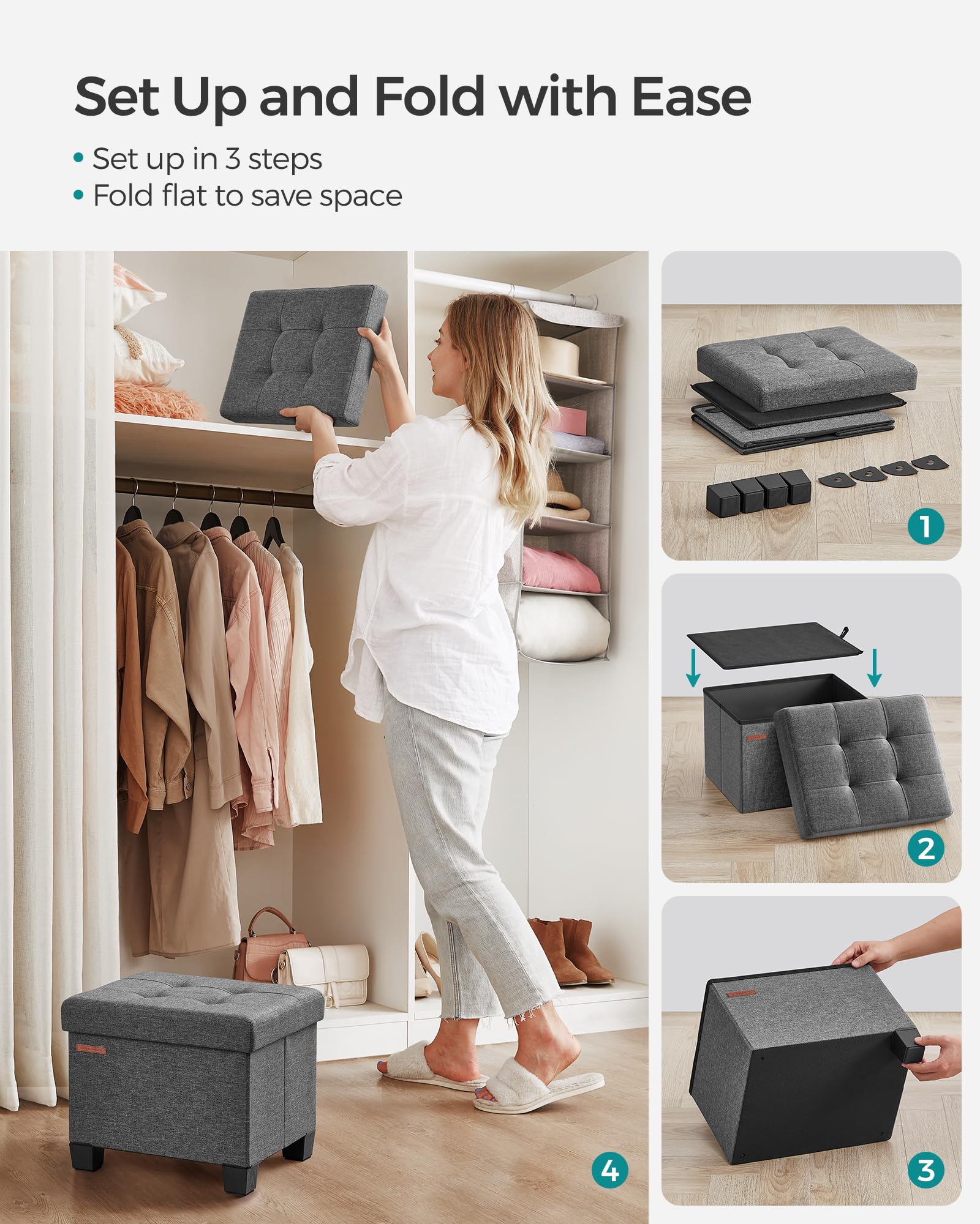 Dorm or living room setup with SONGMICS storage ottoman in slate gray