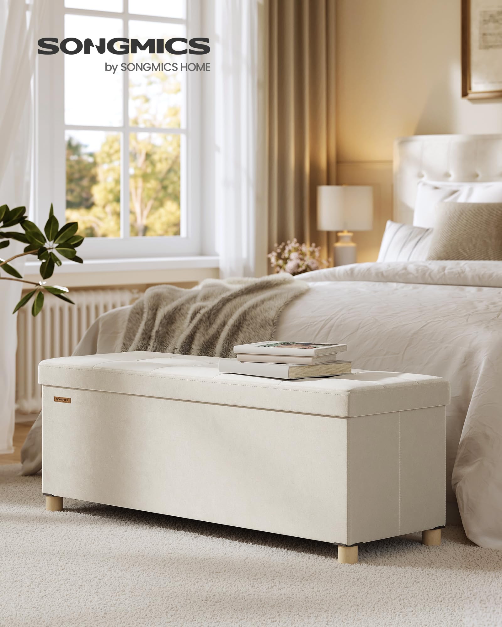 SONGMICS storage ottoman velvet surface offers soft seating and a refined look.