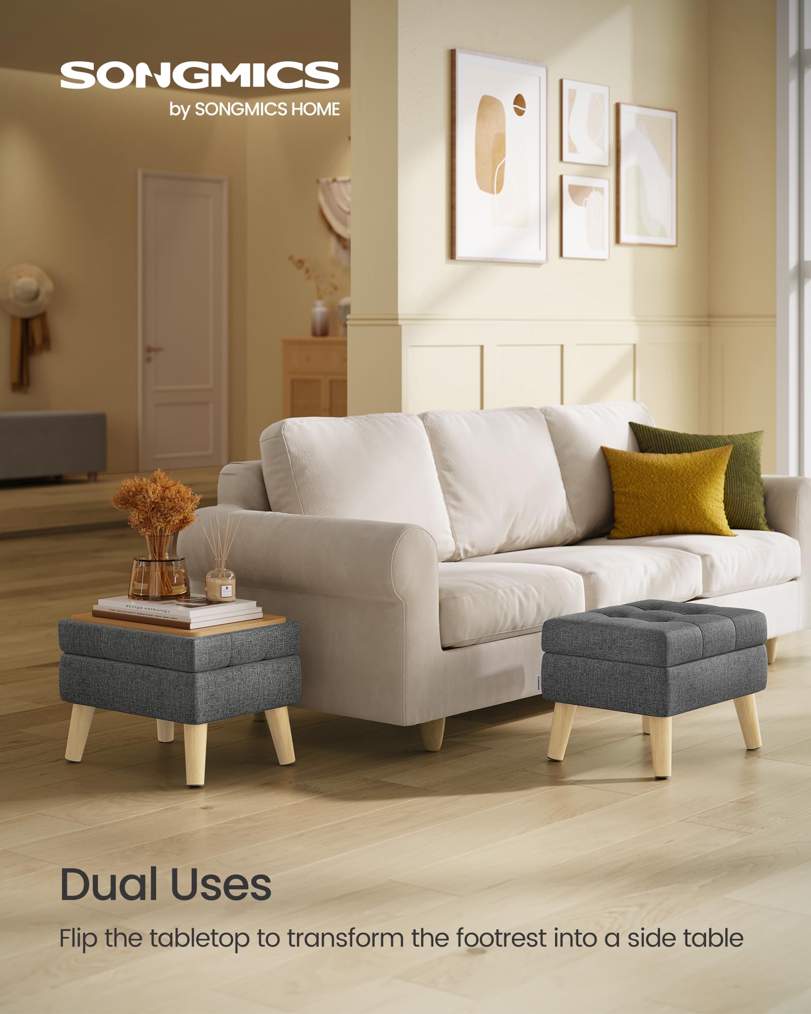 Songmics storage ottoman with wood legs providing sturdy support for daily use