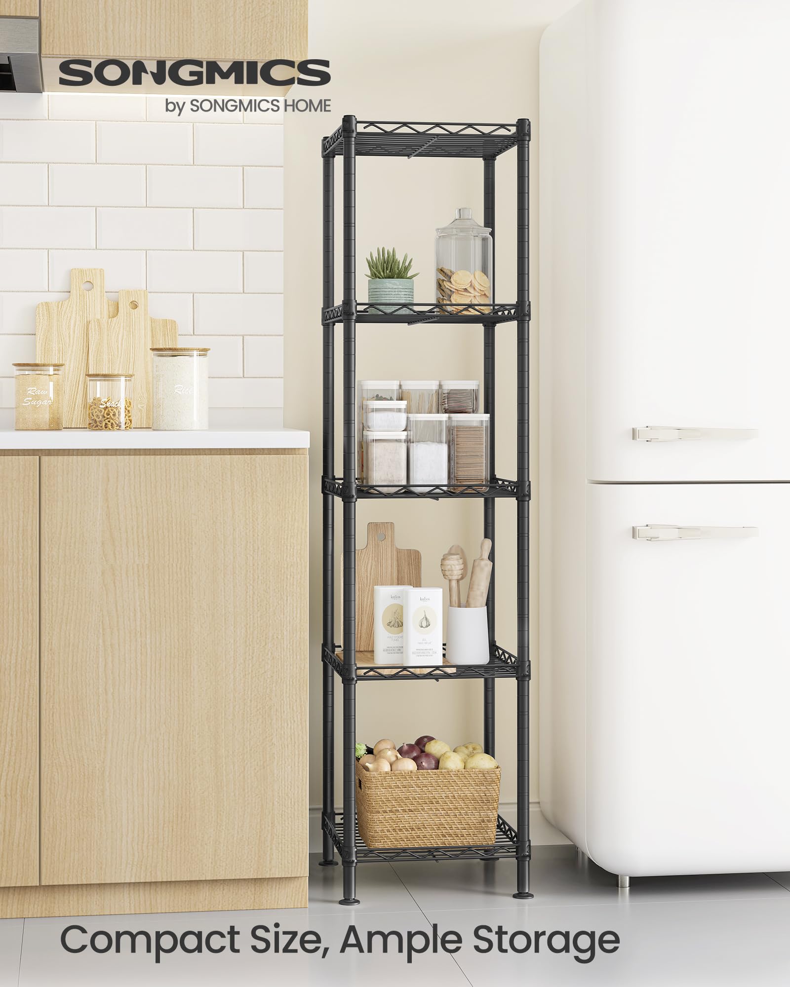 SONGMICS storage shelf steel construction highlights sturdy, durable framing.
