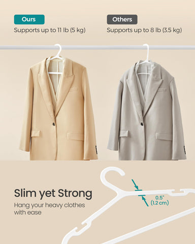 Songmics sturdy plastic hangers support up to 11 lb per piece.