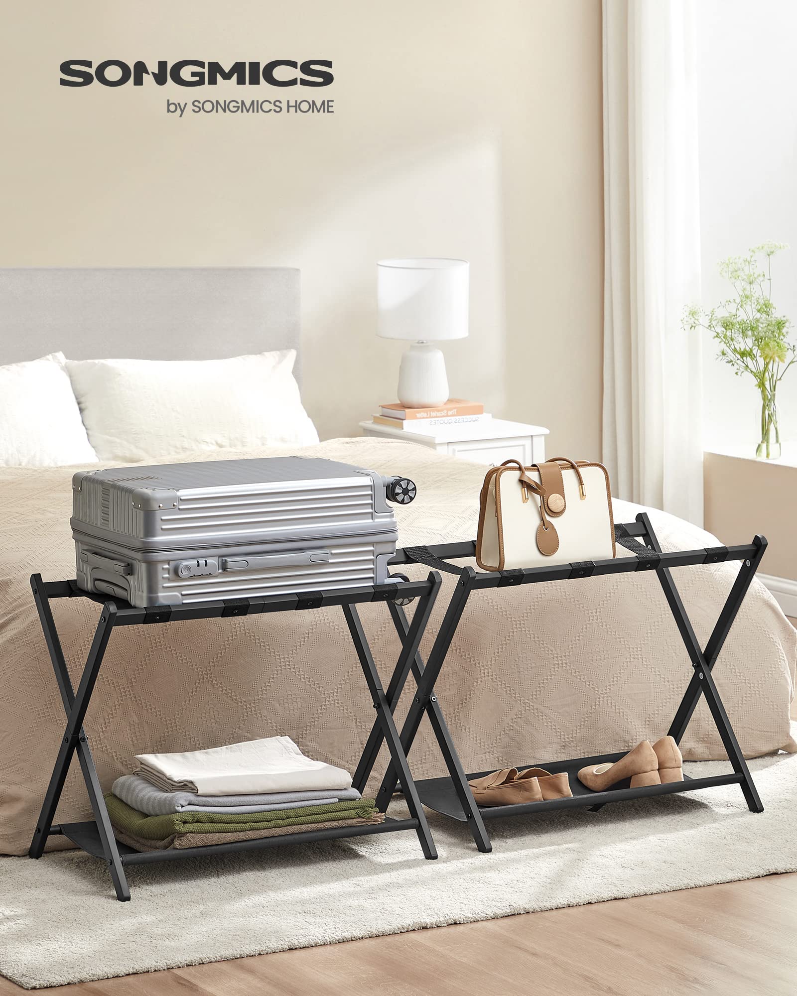 SONGMICS suitcase stand top view shows sturdy X frame for reliable support