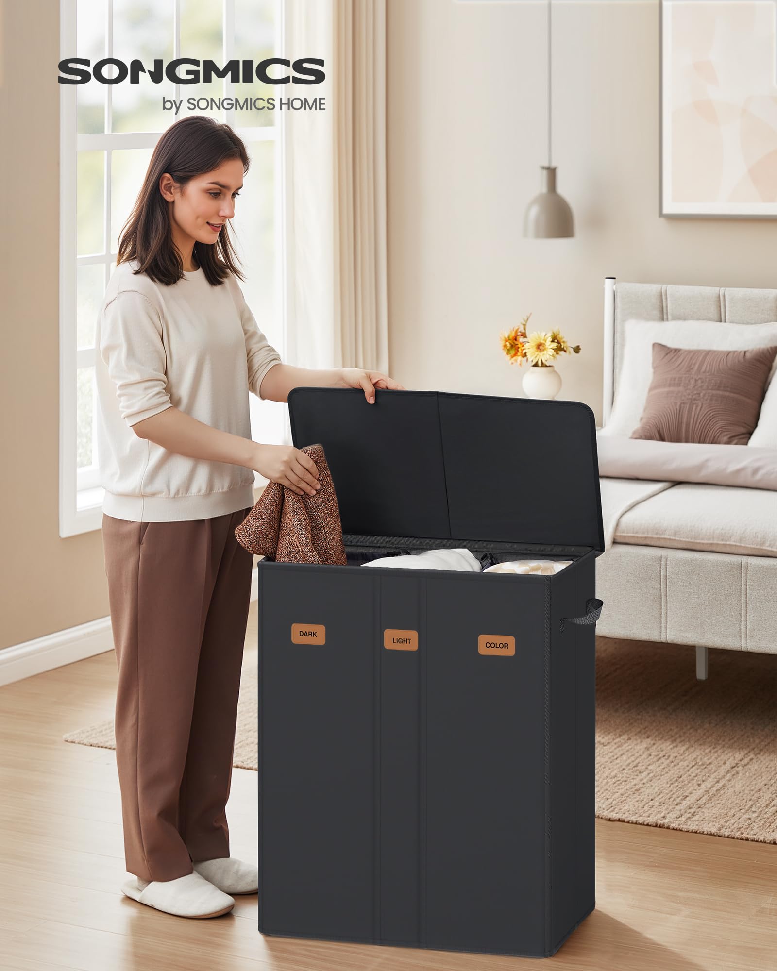 SONGMICS three-compartment sorter with labels helps quick organization.