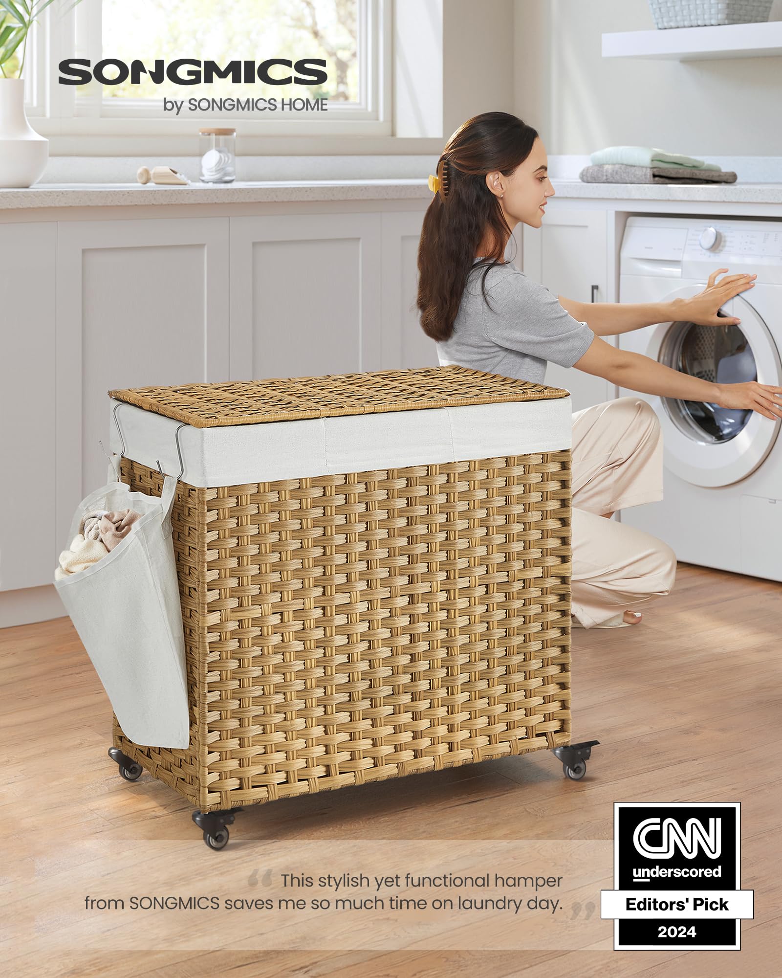 SONGMICS three-section basket with removable liner keeps colors organized.