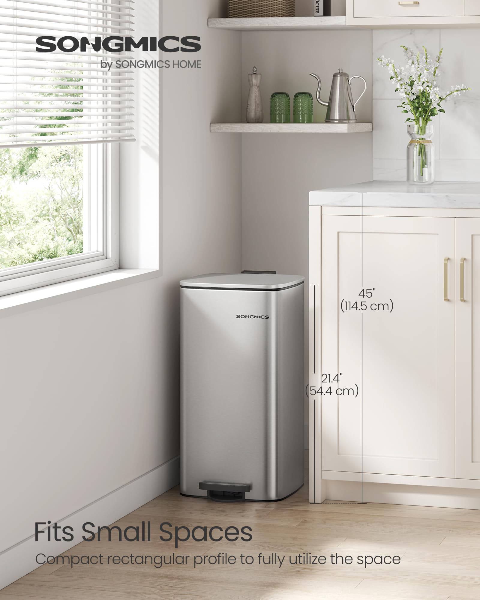SONGMICS trash bin features non-slip base for stable, pet-friendly kitchen organization.